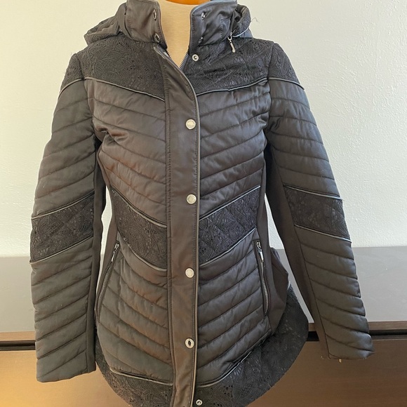 WHBM Quilted Black Insulated Winter Coat with Lace Detail, Down-Filled - Picture 3 of 12